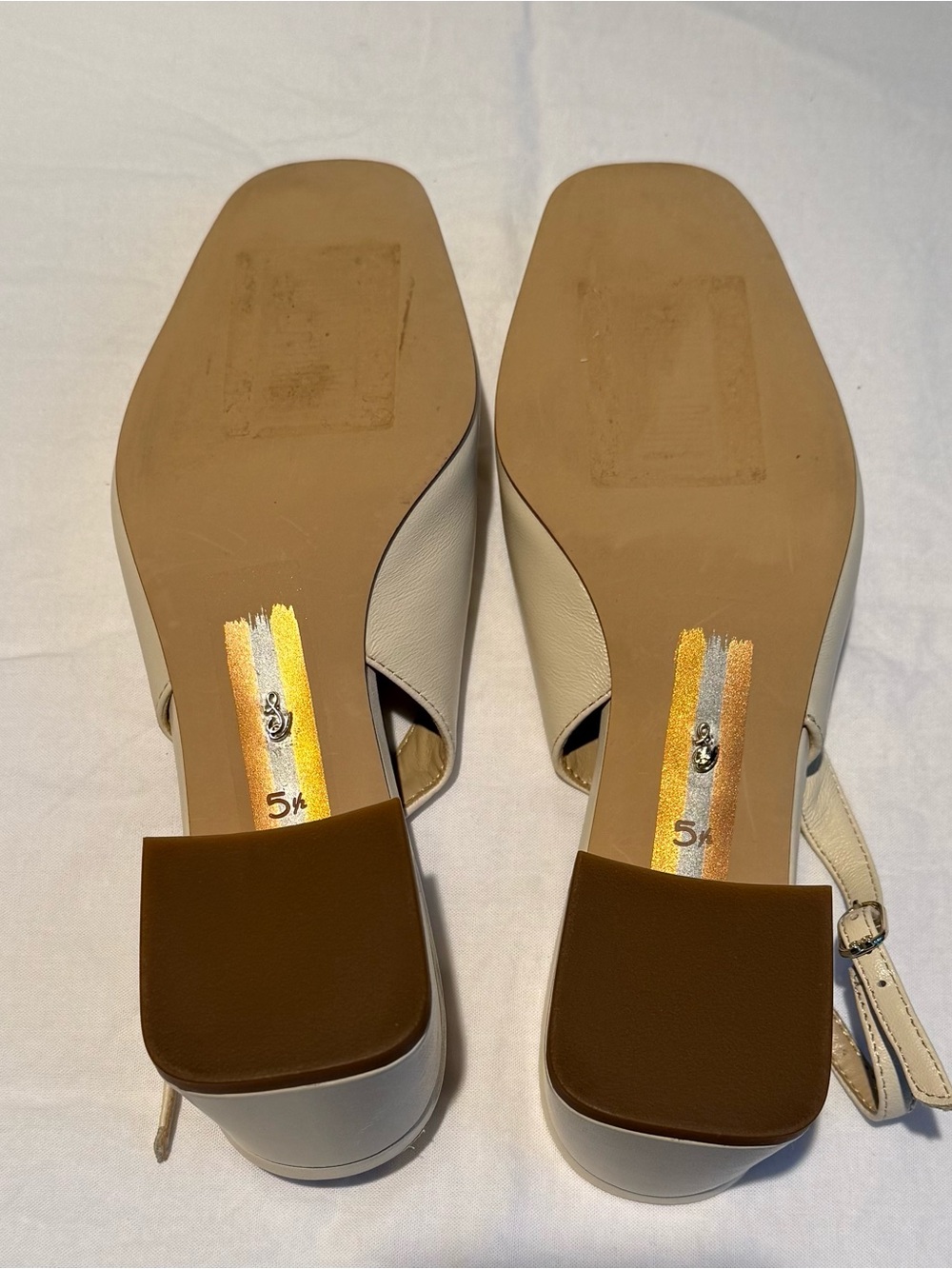 Sam Edelman Leather Cream Slingback Block Heels Sz 5.5 Ivory Square Toe Pumps - Picture 9 of 13